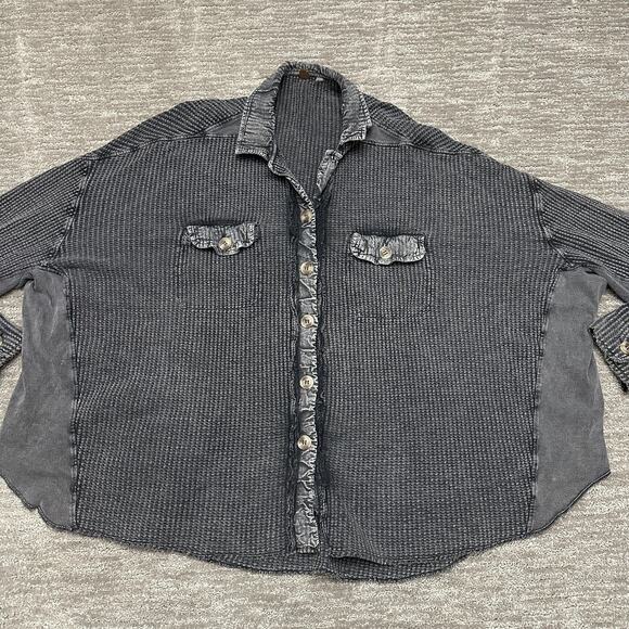 Free People FP One Shirt Womens Medium Gray Waffle Knit Button Up Relaxed Top - Picture 2 of 13